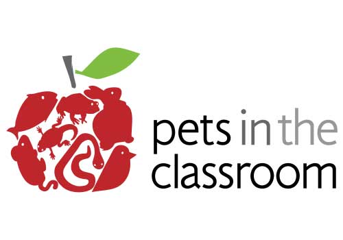 an different animal shapes in color red that forms an apple and at the right the word that says pets in the classroom